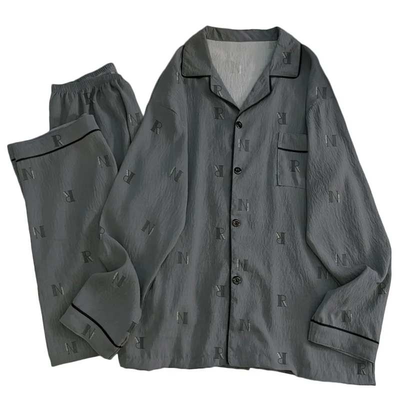 Spring & Autumn Korean-Style Men's Casual Minimalist Cloud-Print Cotton Pyjamas Homewear Set with Long Sleeves and Trousers