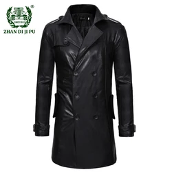 Winter Cow Leather Long Jacket Men Business Casual Double Breasted Leather Trench Coat Slim Fit Wedding Overcoat Men Clothing