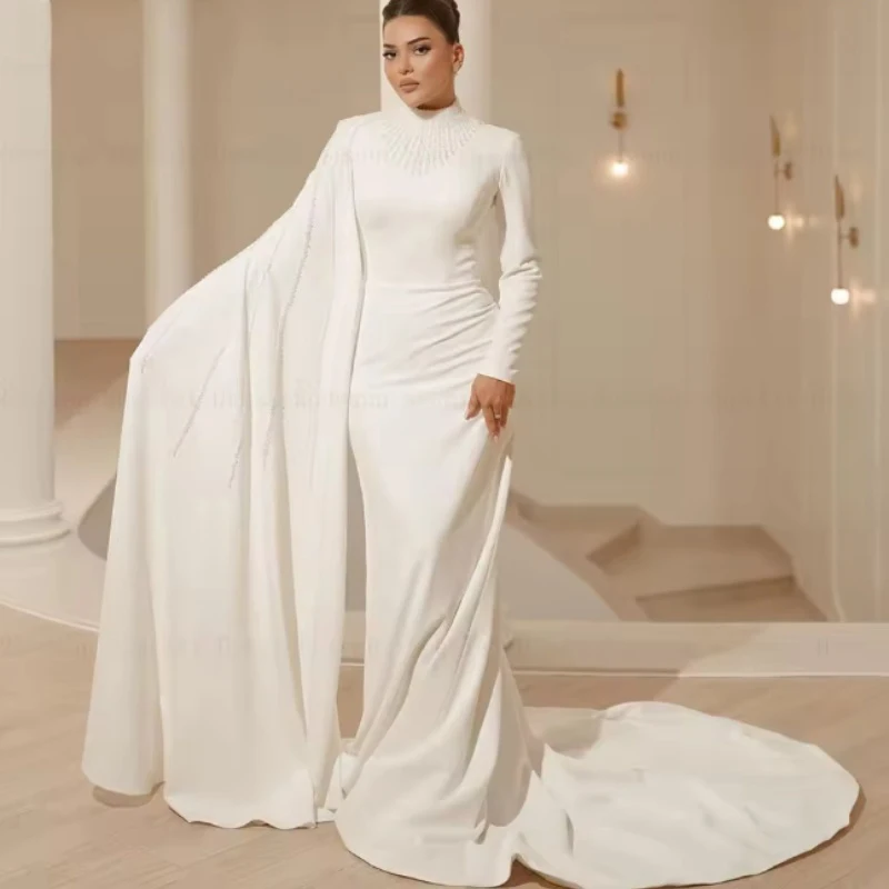 

Simple Wedding Dresses with Cape O-Neck Long Sleeve Brides Dress Appliques Mermaid Sweep Train Muslim Bridal Gown Customized