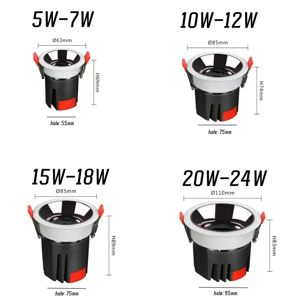 Foco LED COB antideslumbrante empotrable 30 °   5W 7W 10W12W 15W 18W 20W 24W CRI92 Lámpara de techo empotrable AC110V 220V Iluminación interior