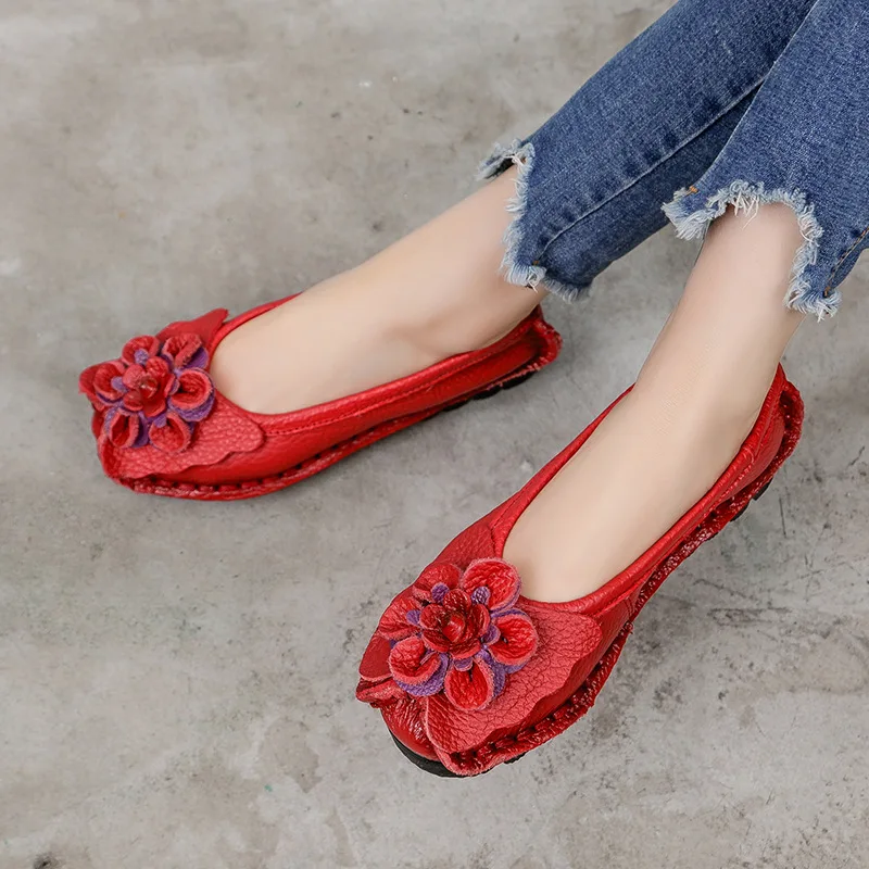 Vintage Handmade Folk Style Women Casual Shallow Shoes Genuine Leather Lady Soft Bottom Flats for Mother Fashion Loafers Summer