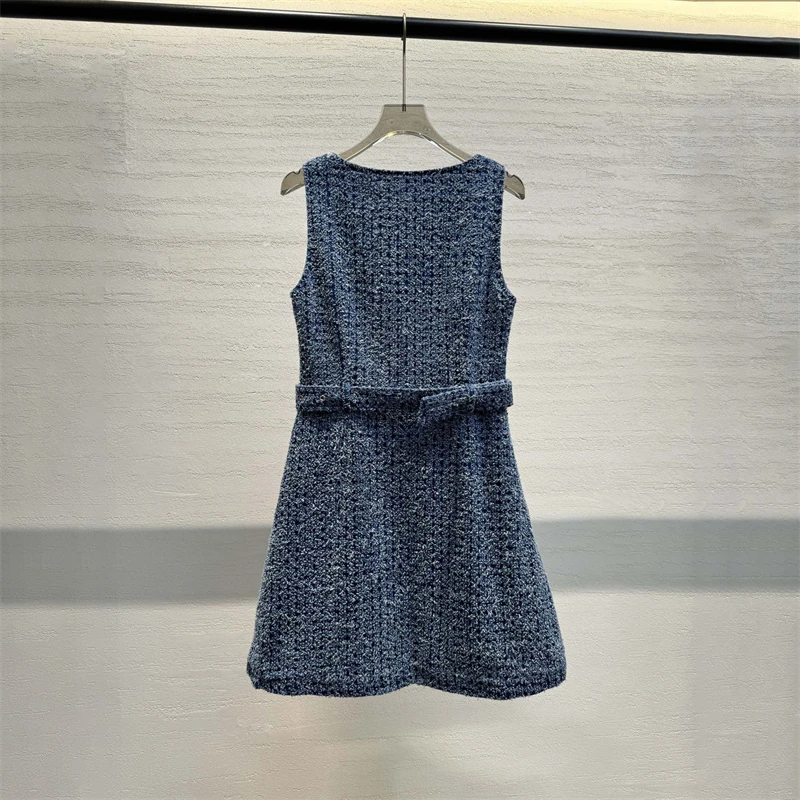 Autumn new square collar single breasted belted tweed denim blue short sleeves dress high quality fashion commuterStraight skirt