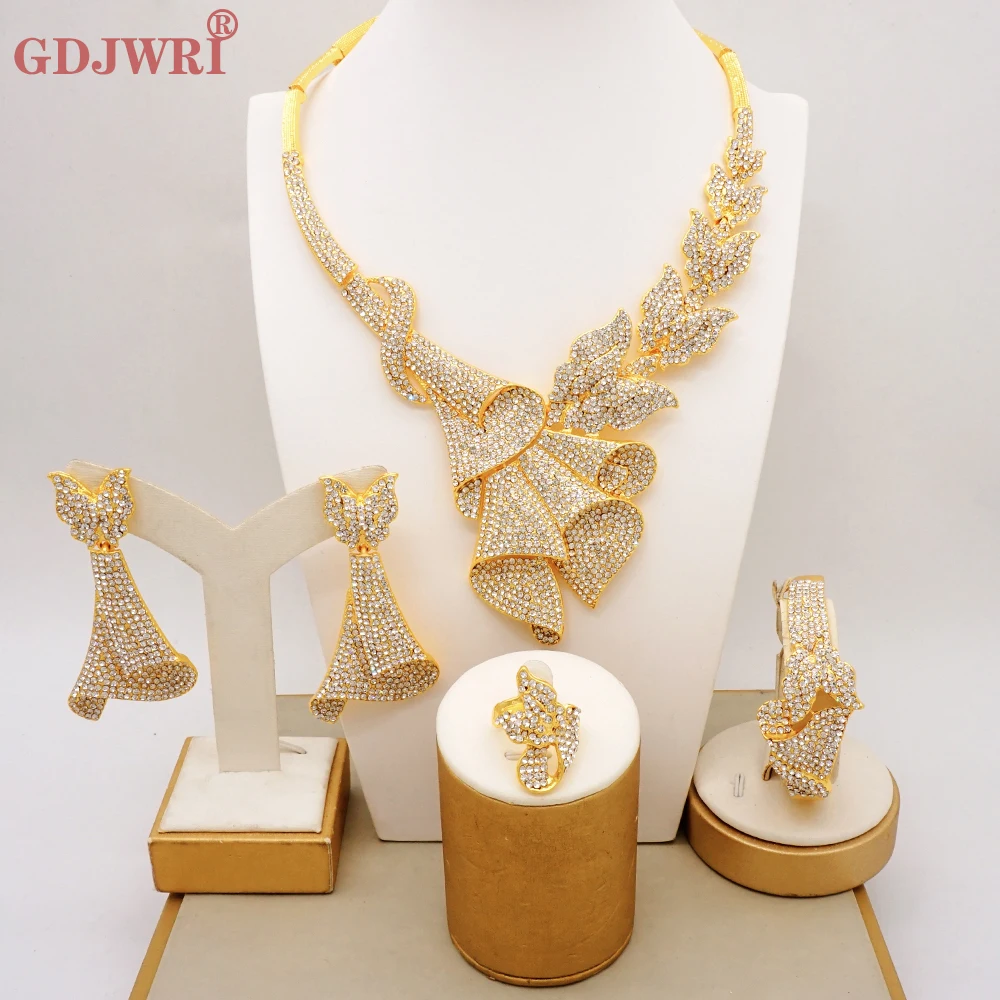 Latest Italian Dubai Gold Color Ladies Full Crystal Necklace Jewelry Set Simple Ring Bracelet Earrings African Jewelry Wedding