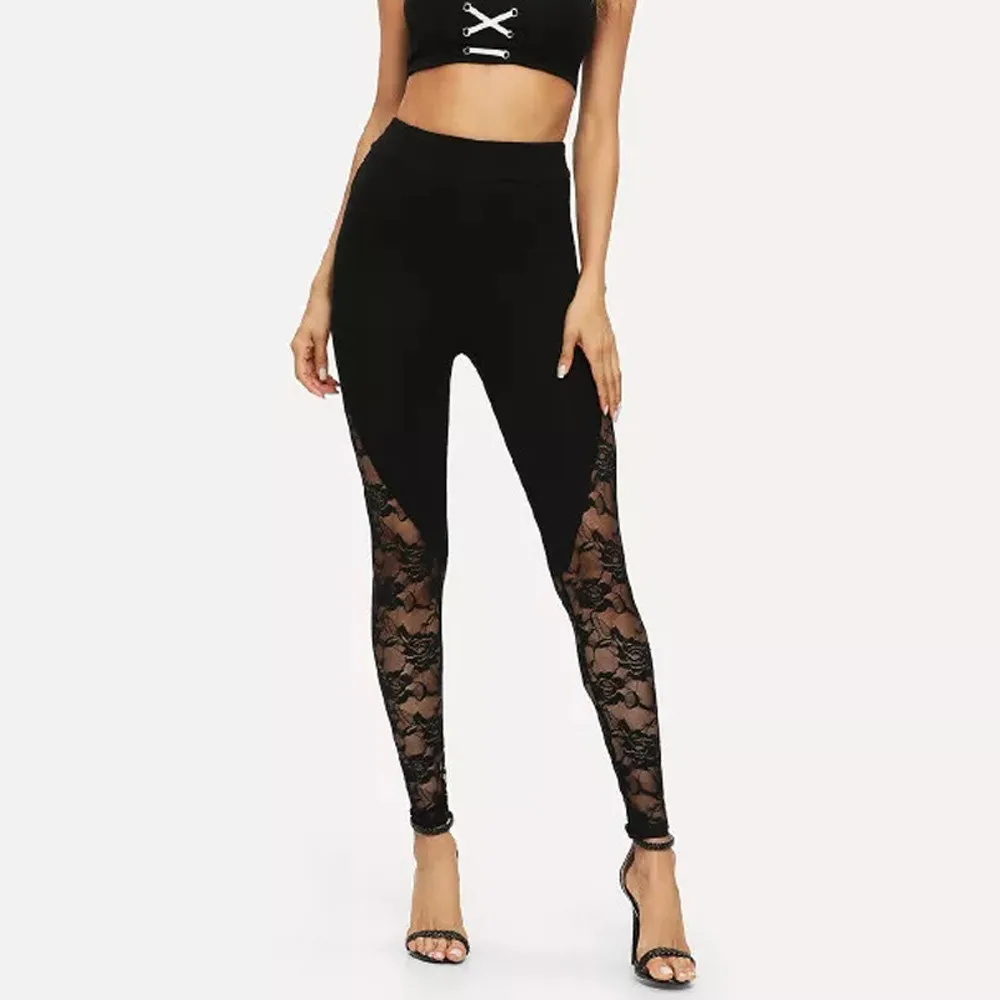 Women Sexy High Waist Black Lace Leggings Ladies Floral Lace Side Panel Cut Out Black Leggings Seamless Basic Plain Fitness Pant