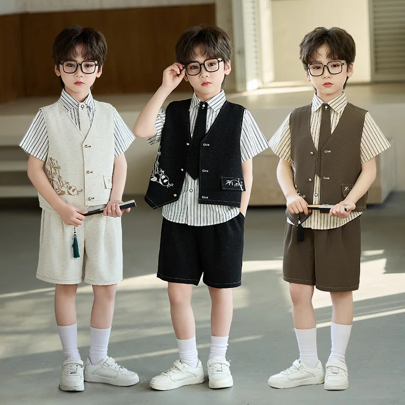 Children's Vest Performance Costume Set New Chinese Style National Wind Boys' Embroidered Piano Hosting Performance Formal Wear