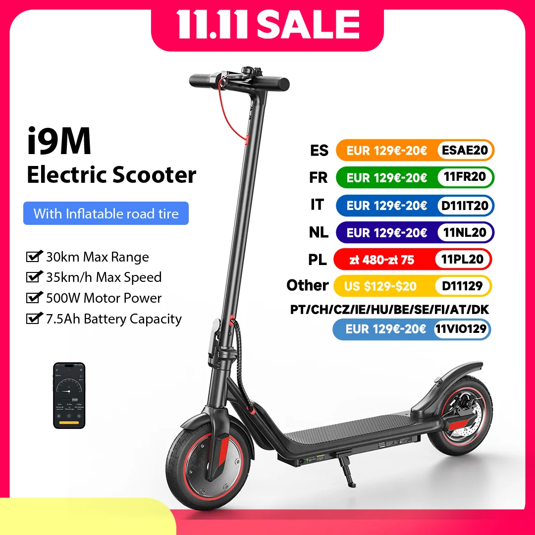 iScooter i9m Electric Scooter 7.5Ah 500w Foldable eScooter 35km/h Max Speed 30km Electric Kick Scooter 10inch Pneumatic Tire APP