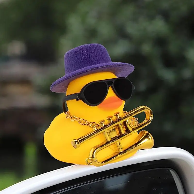 Car Ducks For Dashboard Rubber Car Duck with Squeak Mini Duck Car Ornament with Musical Instrument Necklace Sunglasses Hat