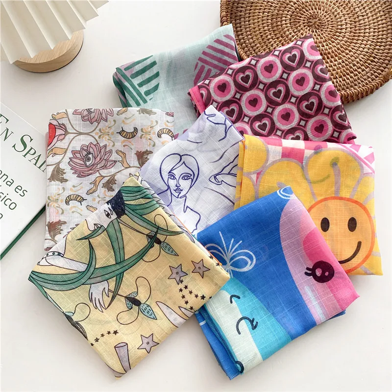 Cotton Linen Print Flower Geometric Pattern Square Scarves Women Turban Scarf Neckerchief Headband Decoration Apparel Accessory