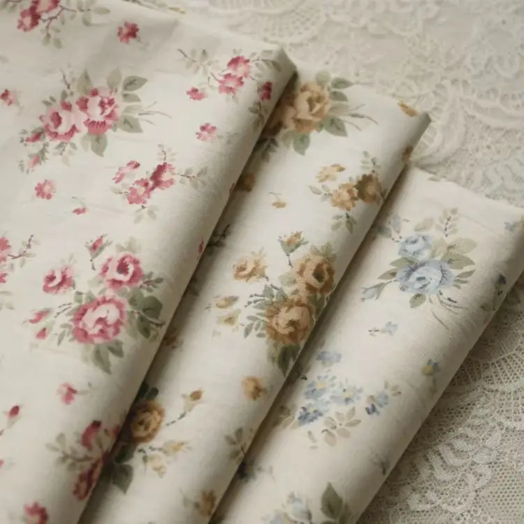 Vintage 140x50cm Pink Blue Rose Floral Cotton Fabric for DIY Clothing Home Decor Doll's Dress Sewing Craft