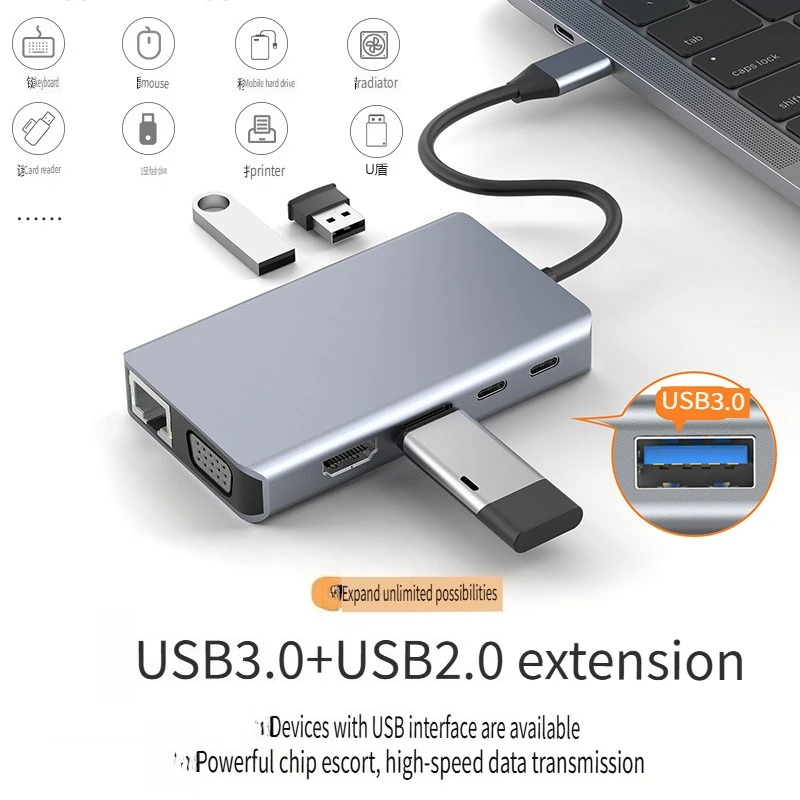 Type-C Docking Station 10-in-1 Extender USB Hub 3.0 Multifunction Hub Laptop Docking Station