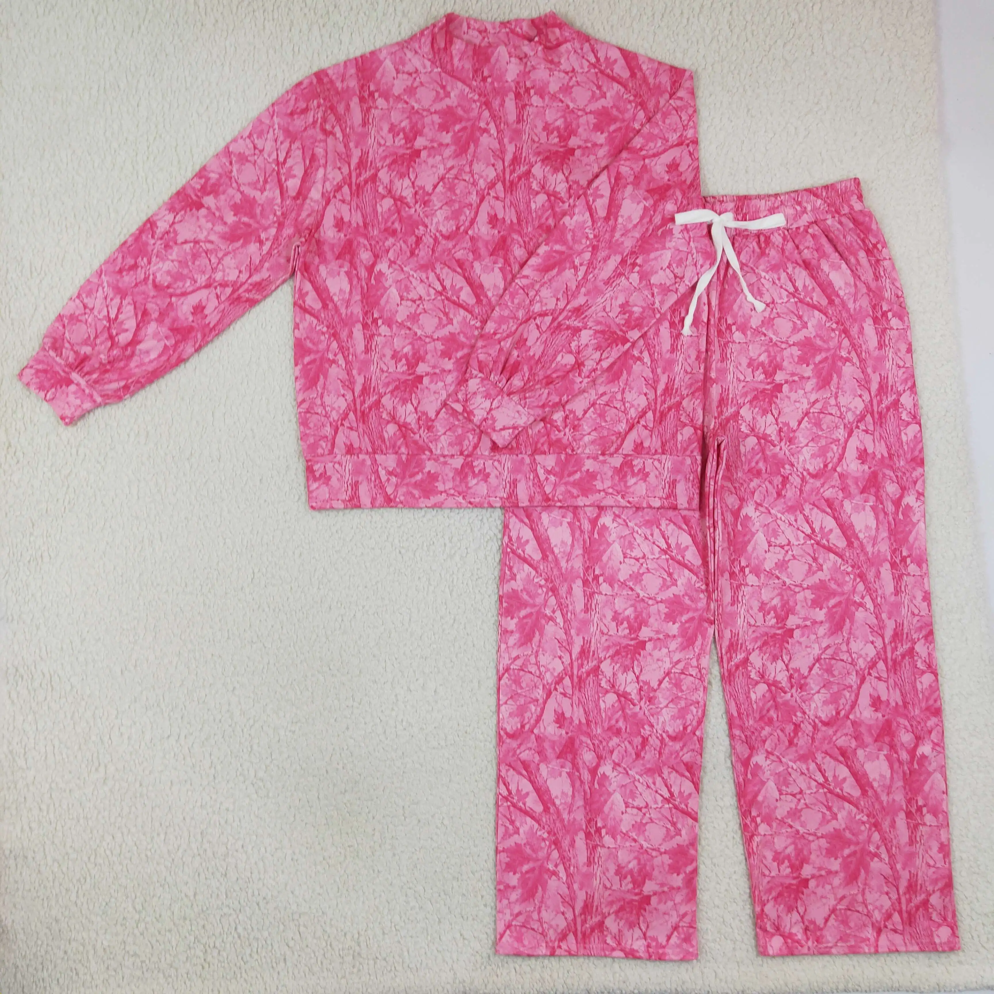 Wholesale Adult Woman Long Sleeves Leaves Pullover Shirt Set Pockets Pants Pink Outfit Women Girls Camo Clothing