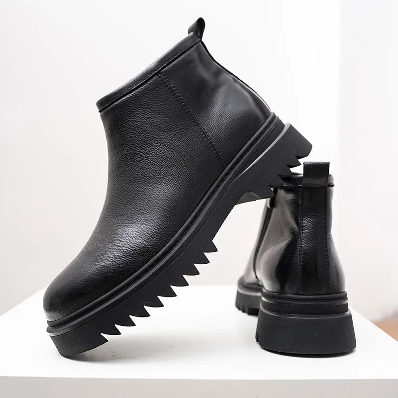 Men's leather shoes, warm in winter, soft leather surface, pure wool, comfortable, high top zipper leather boots
