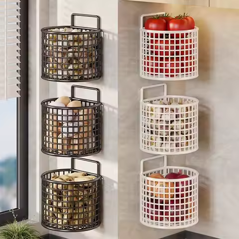 1/2/3 Grid Wall Mounted Kitchen Shelf - Metal Wire Basket Organizer, Pantry Garlic Ginger Storage Hanging Rack Holder
