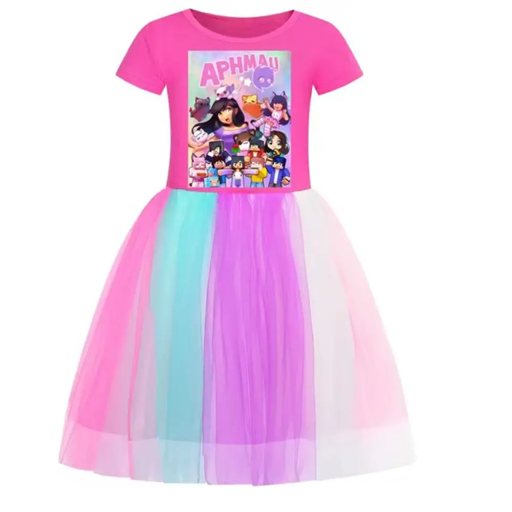 Cute APHMAU Cat Clothes Baby Girls Short Sleeve Casual Dresses with Small Bag Kids 2024 Summer Wedding Party Lace Princess Dress