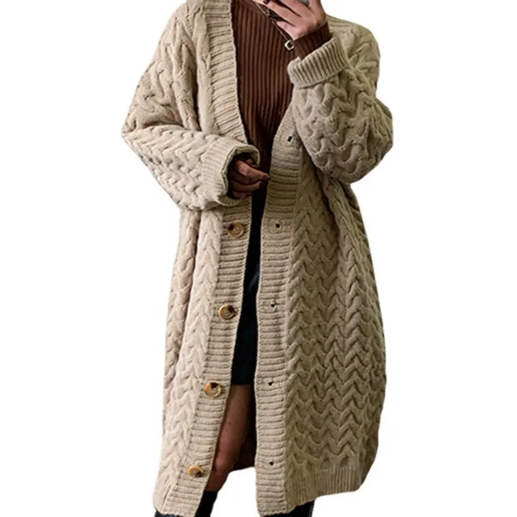 

Women's Knitted Cardigan European American Style Loose Casual Mid-Length Solid Color Sweater Jacket for Autumn Winter