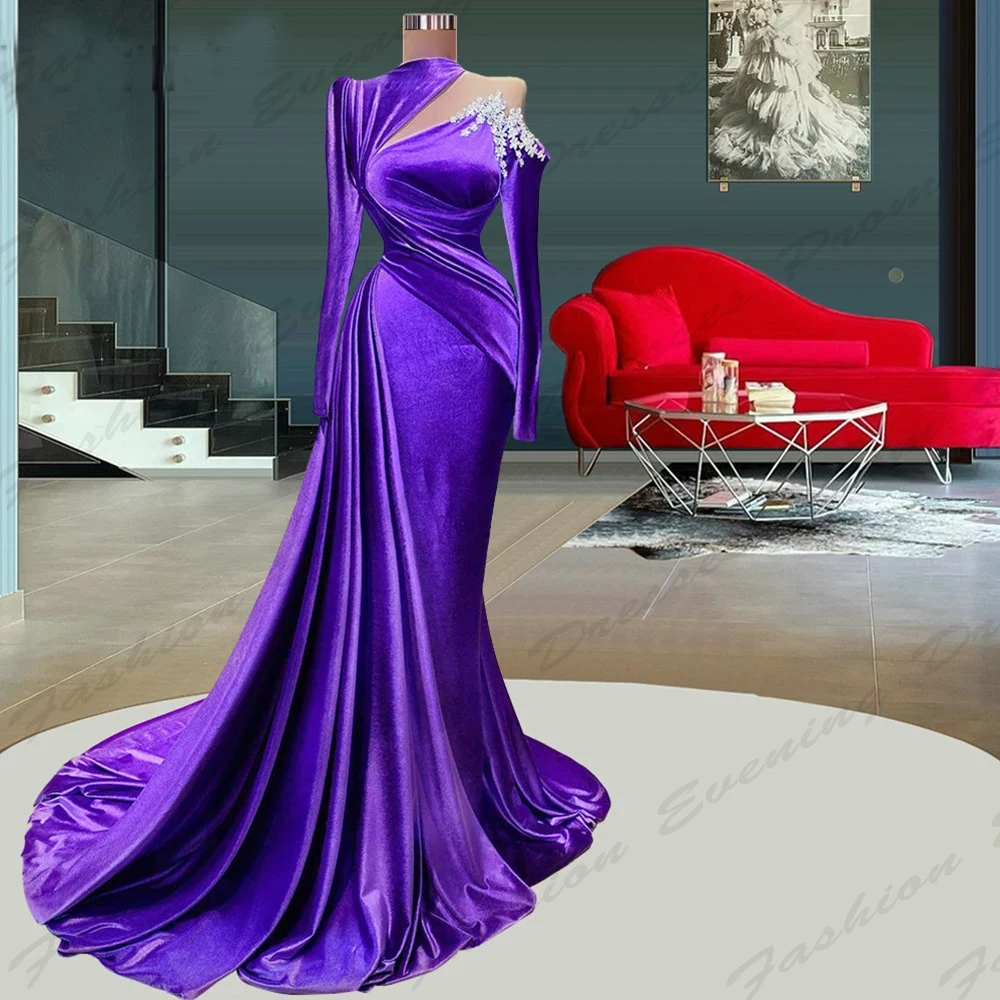 

Elegant Gorgeous Satin Party Evening Dresses For Women Exquisite Sexy Fashion High Necked Long Sleeved Simple Mopping Prom Gowns