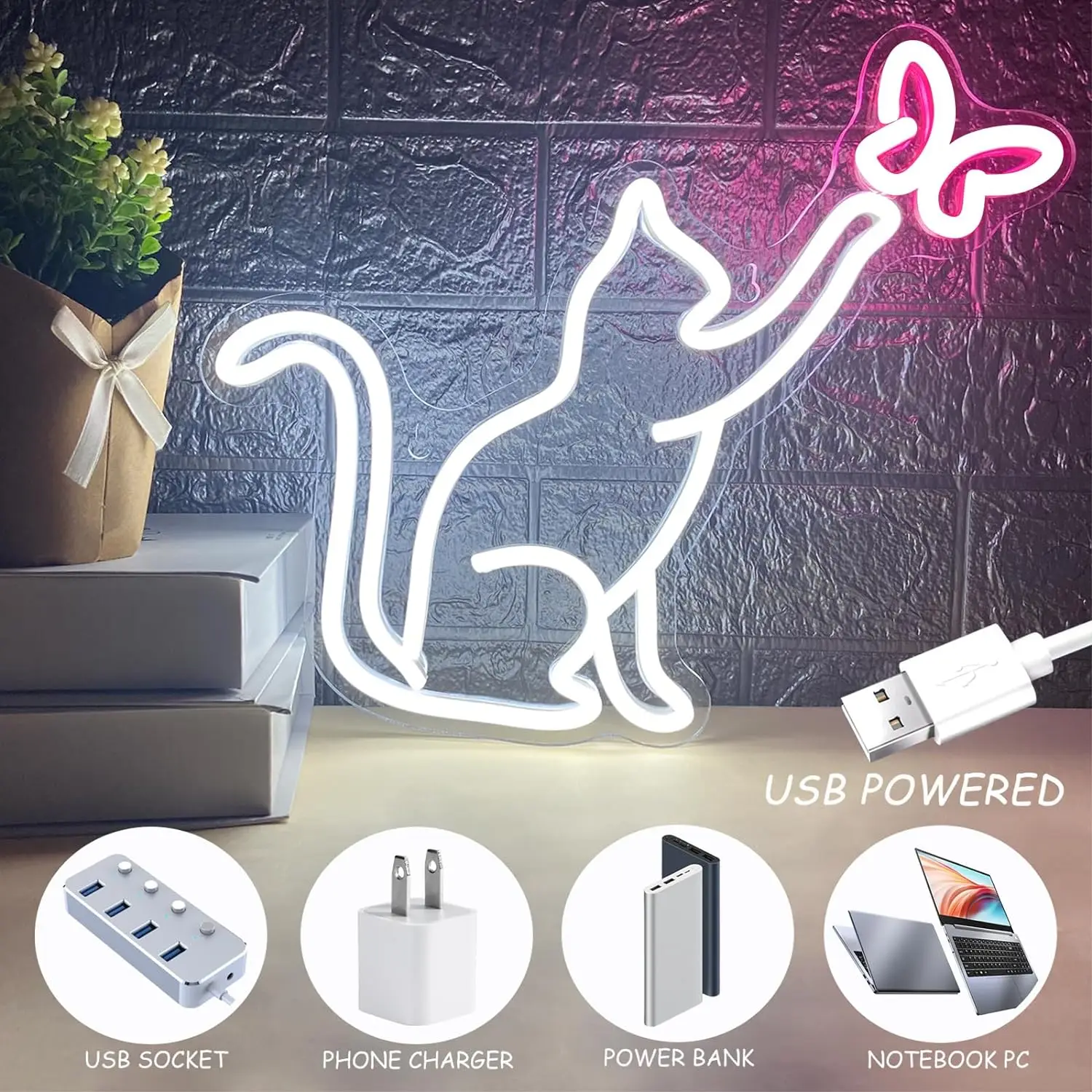 LED Cat Butterfly Neon Signs Lights USB Operated 3D Wall Art Home Decor Hanging Signs Lamp for Living Room Bedroom Gifts Kids