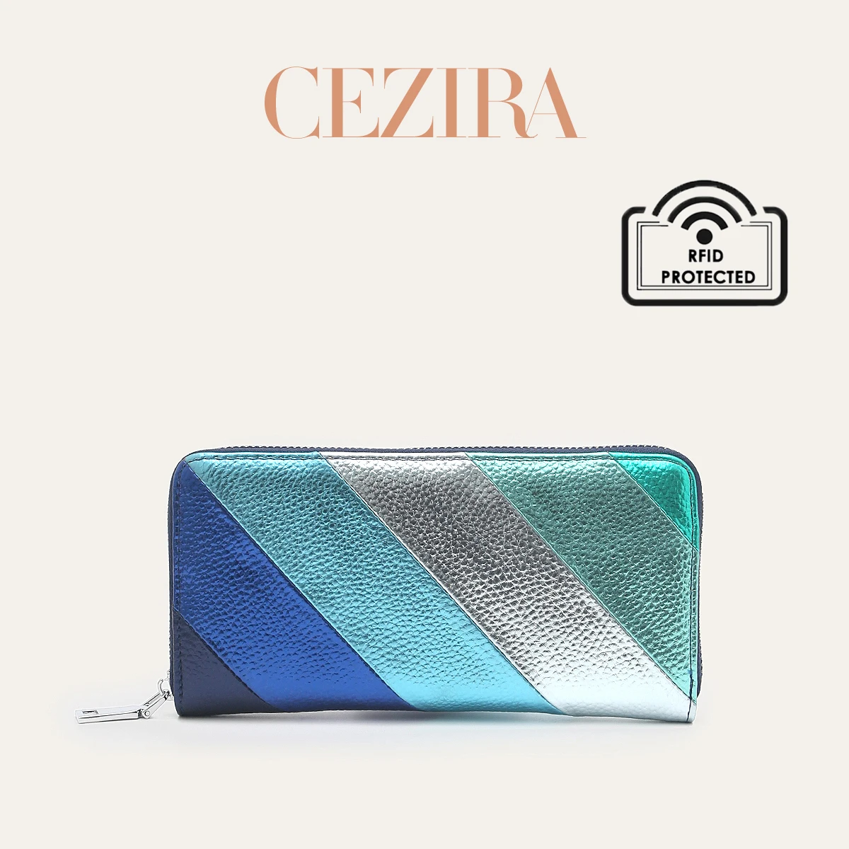 CEZIRA Ladies Fashion Stripes Patchwork Long Wallet Metallic PU Leather Large Capacity Zipper Clutch Elegant Phone Storage Purse