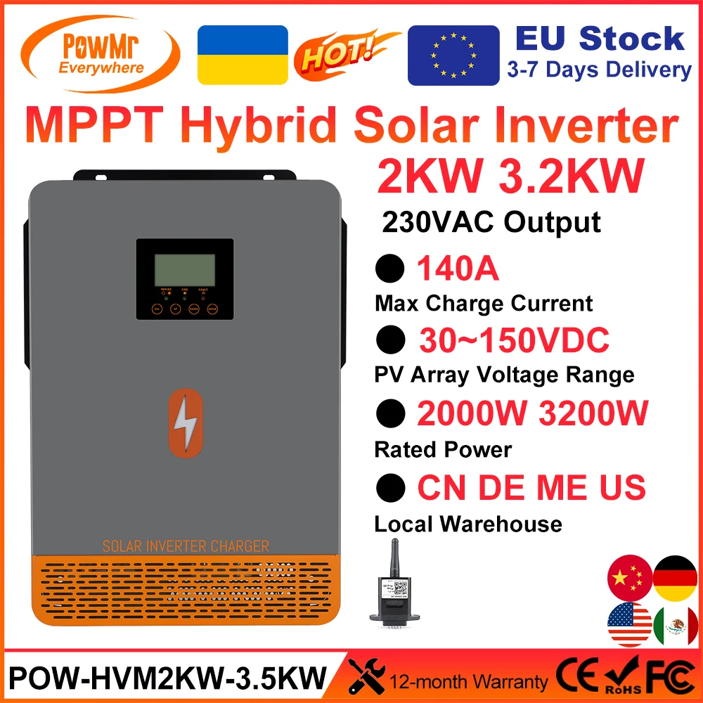 PowMr 2KW 3.2KW Hybrid Solar Inverters 12V 24V to 230VAC 140A Photovoltaic Inverters Max PV 150VDC MPPT Solar Charge Controller