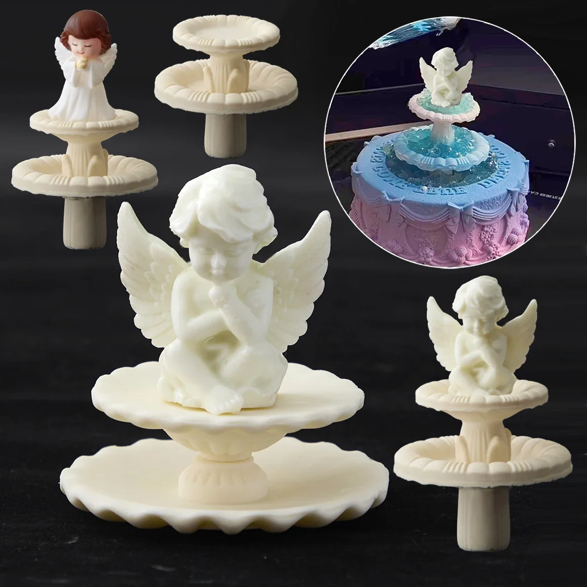 Diy 3d Little Angel Silicone Molds Water Column Fountain Fondant Chocolate Plaster Epoxy Resin Mold Cake Decoration Accessories