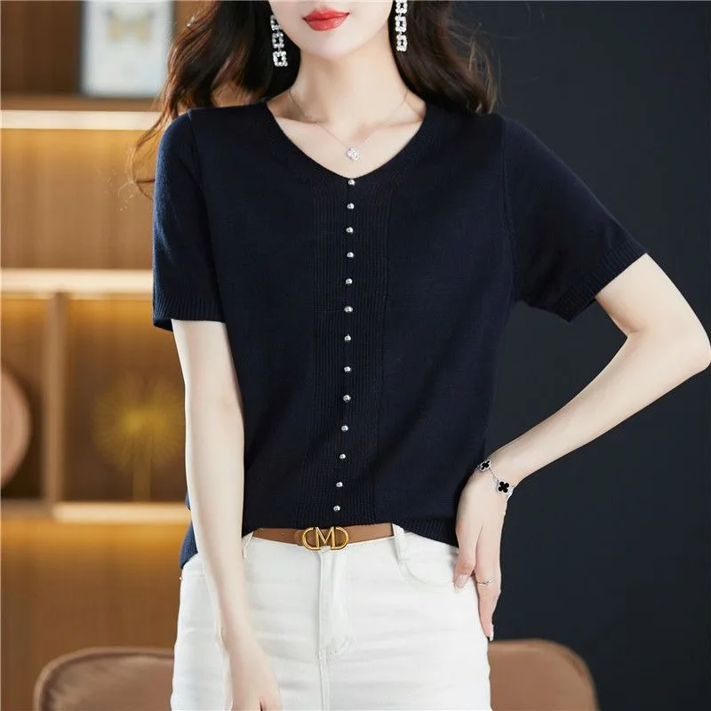 Women's V-Neck Short Sleeve Knit Top with Decorative Button Placket Casual Summer Blouse