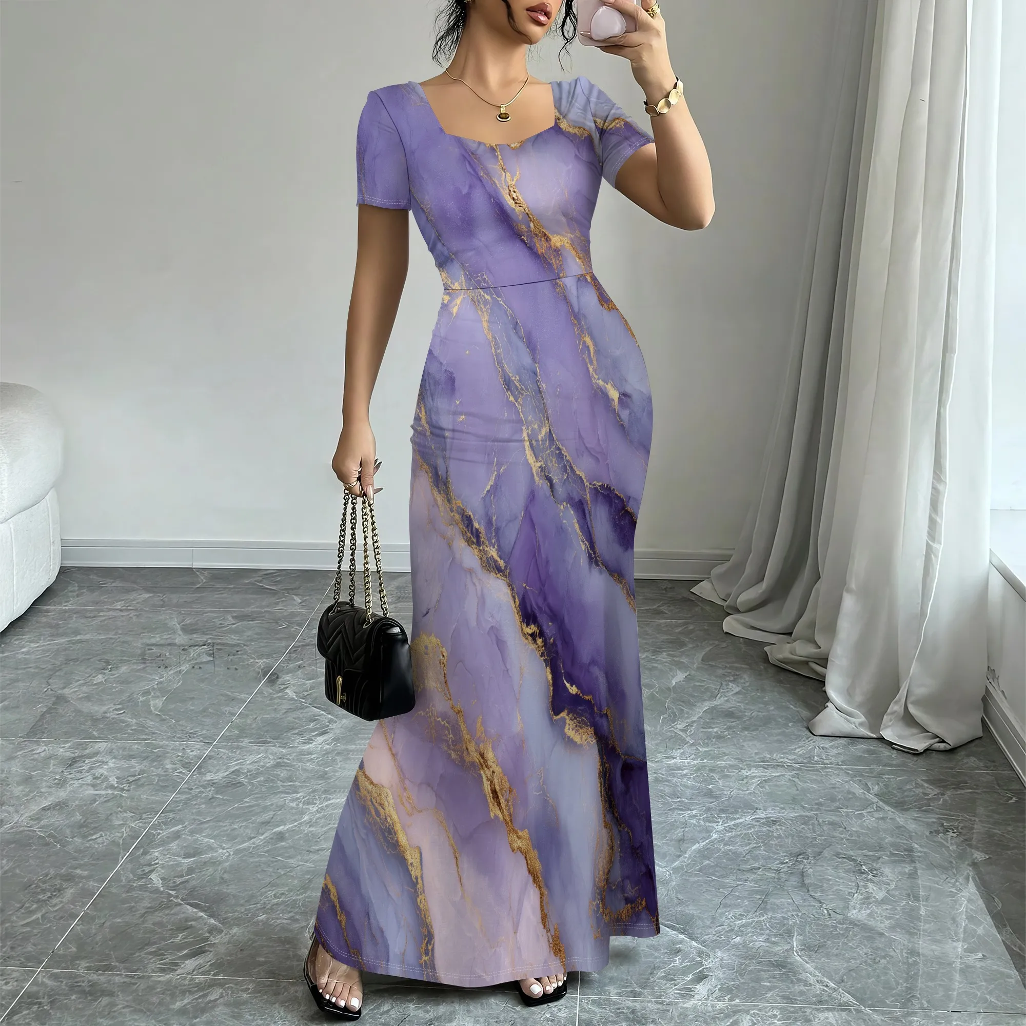 

Women’s Marble Print Short Sleeve Maxi Dress Elegant Slim Fit Summer Wedding Guest Party Long Dress XS-3XL