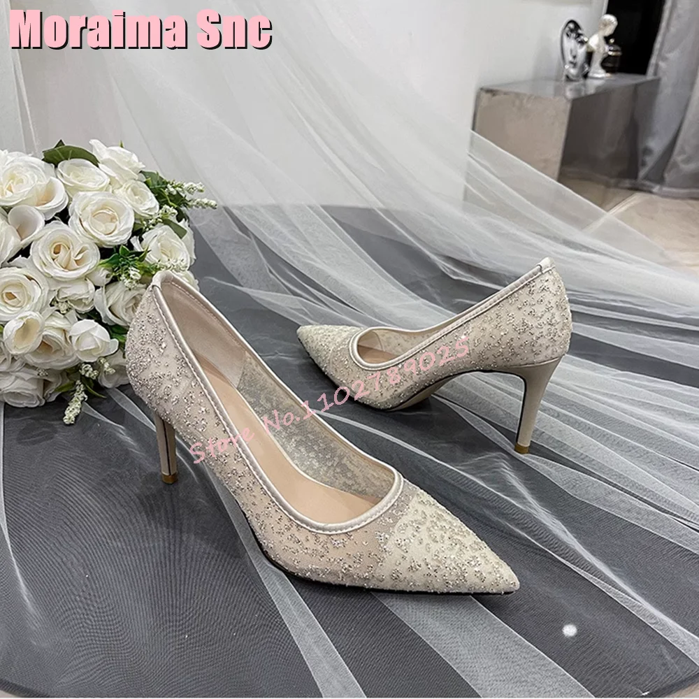 Bling Mesh Pointed Toe Shallow Pumps Sequined Stiletto High Heel Slip On Sexy Concise Women\'s Wedding Shoes White Solid 2024 New