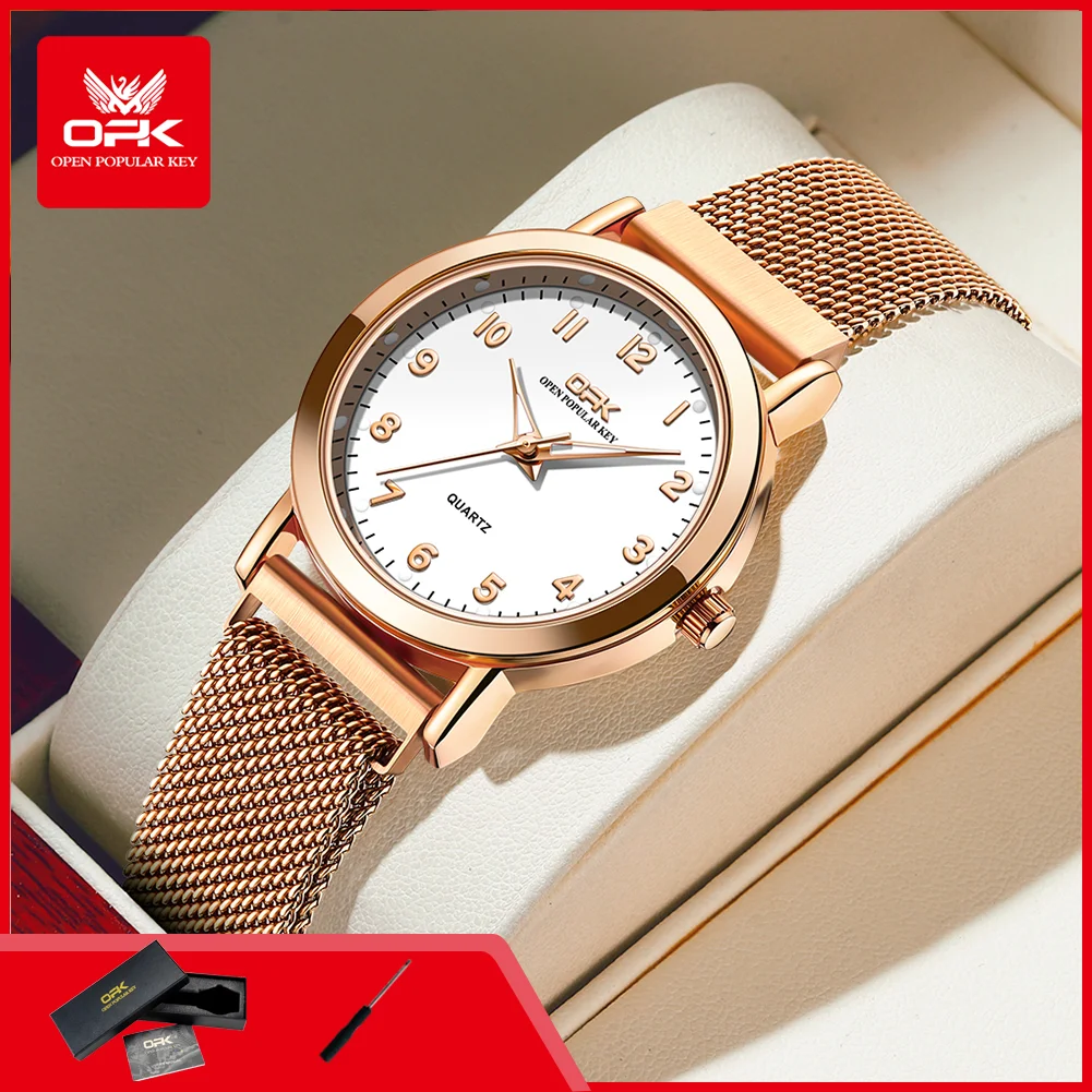 OPK 8115 Neue Original-Quarz-Armbanduhr für Damen, wasserdicht, Mesh-Stahlgürtel, digitales Zifferblatt, leuchtend, elegant, schlicht, Damenuhr