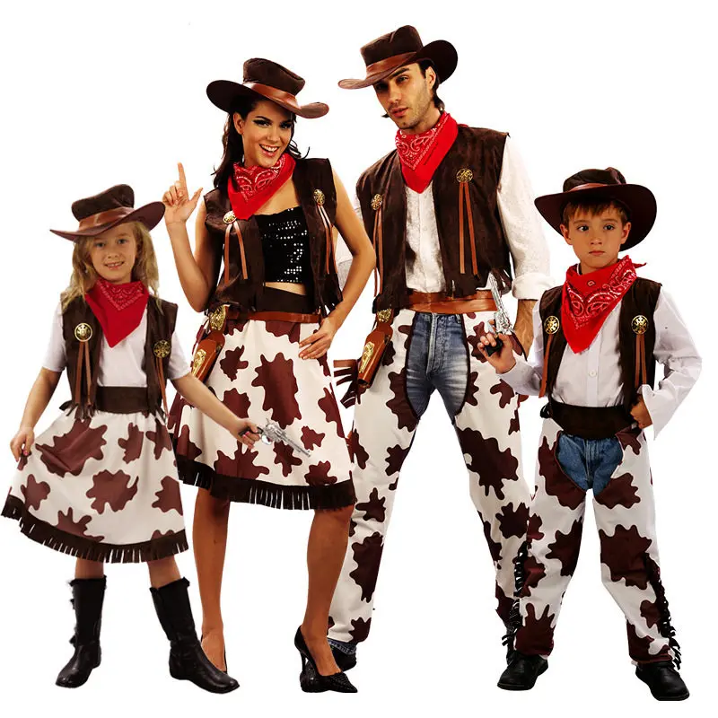 

Halloween Western Cowboy Family Matching Outfit Cow Pattern Design Parent-Child Matching Set Women's Ethnic Costume Stage Wear