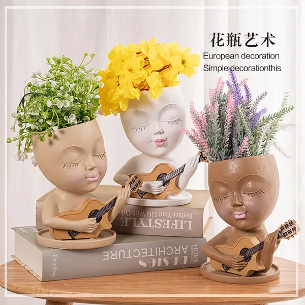 Girl's Face New Small Guitar, Cello, Saxophone Flower Pot Series Novelty Personalized Resin Crafts Ornaments Office Decorations