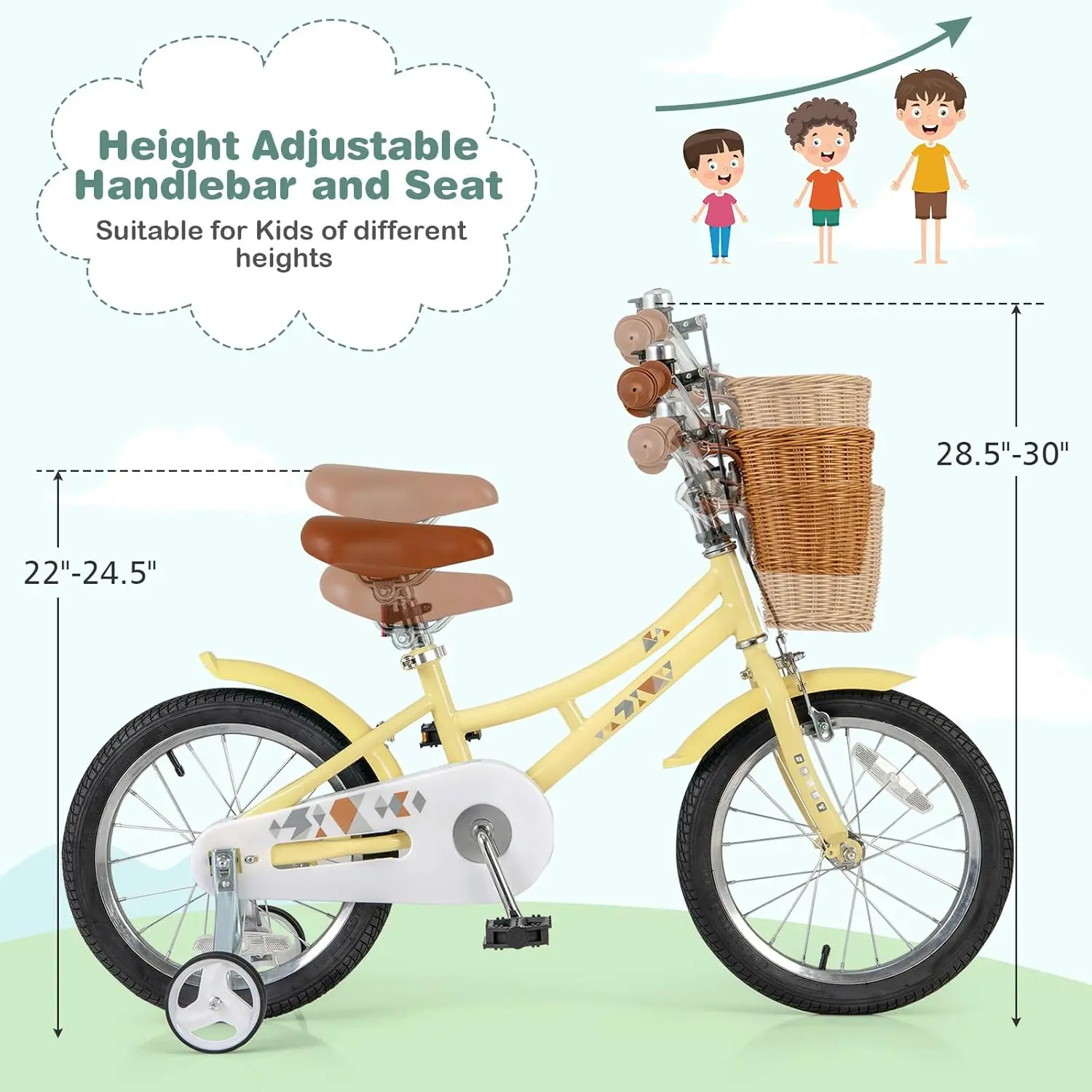 Retro kinderfiets, 12 14 16 18 inch kinderfiets voor 3-8 jaar oud met rotanmand, in hoogte verstelbaar, zijwieltjes, spatborden, Han