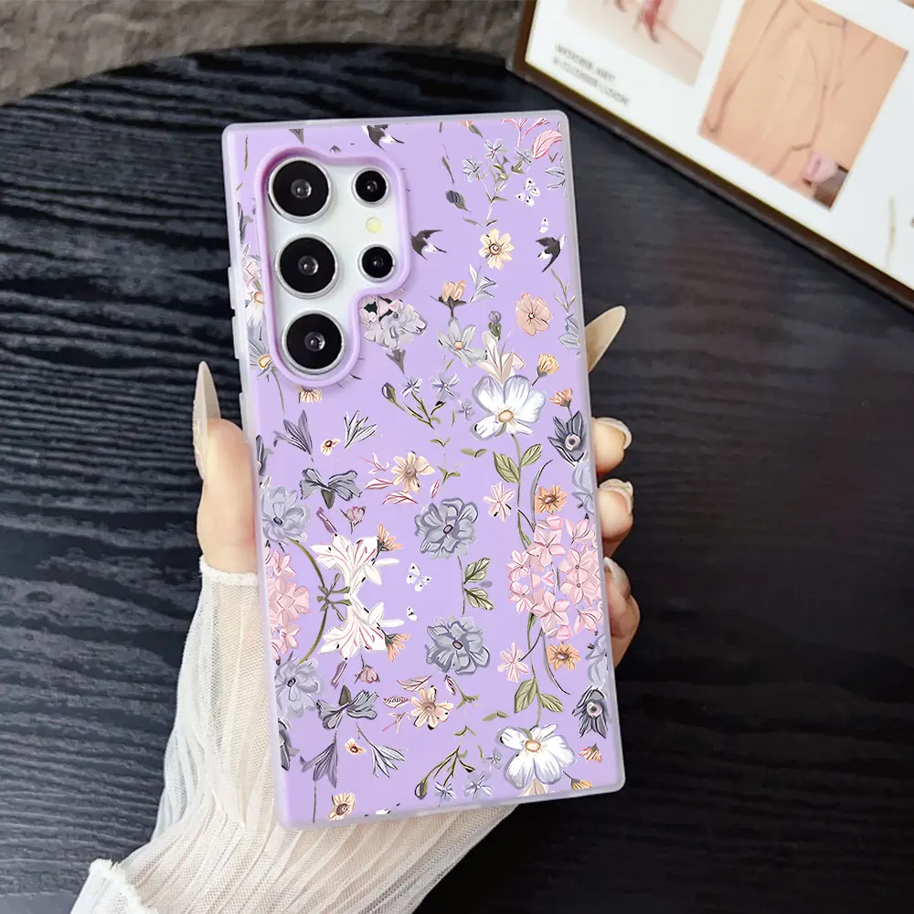 Phone Case For Samsung Galaxy S26 Ultra S25FE S24 S23 S21 S22 Plus A56 A55 A54 A37 A36 A34 Elegant Blue Flower Candy Color Cover