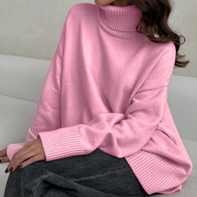 FADDISH 2024 Autumn Winter Women Fashion Loose Turtleneck Knitted Sweaters Female Solid Color Casual Long Sleeve Top Pullovers