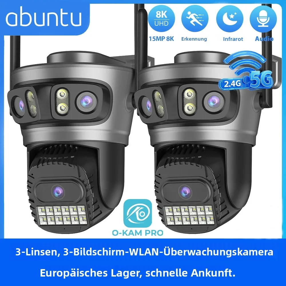 2 Stück 15MP 8K PTZ WLAN-Sicherheitskamera 2,4G/5G Drei Linsen Drei Bildschirme Außenüberwachungskamera Menschenerkennung O-KAM PRO APP