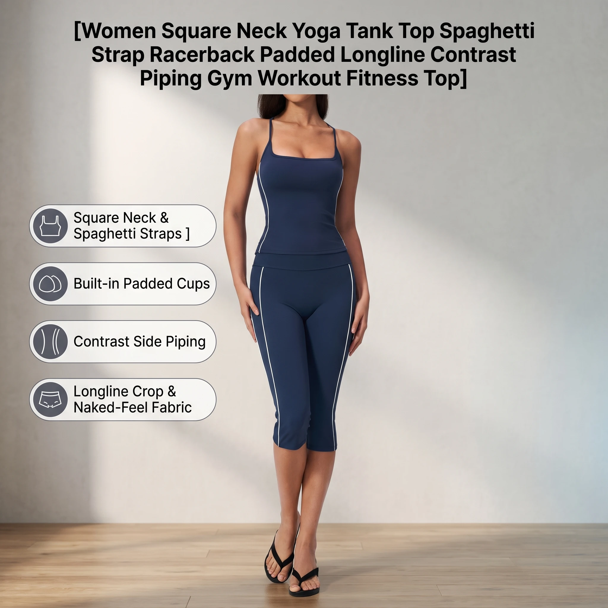 Women Square Neck Yoga Tank Top Spaghetti Strap Racerback Padded Longline Contrast Piping Gym Workout Fitness Top