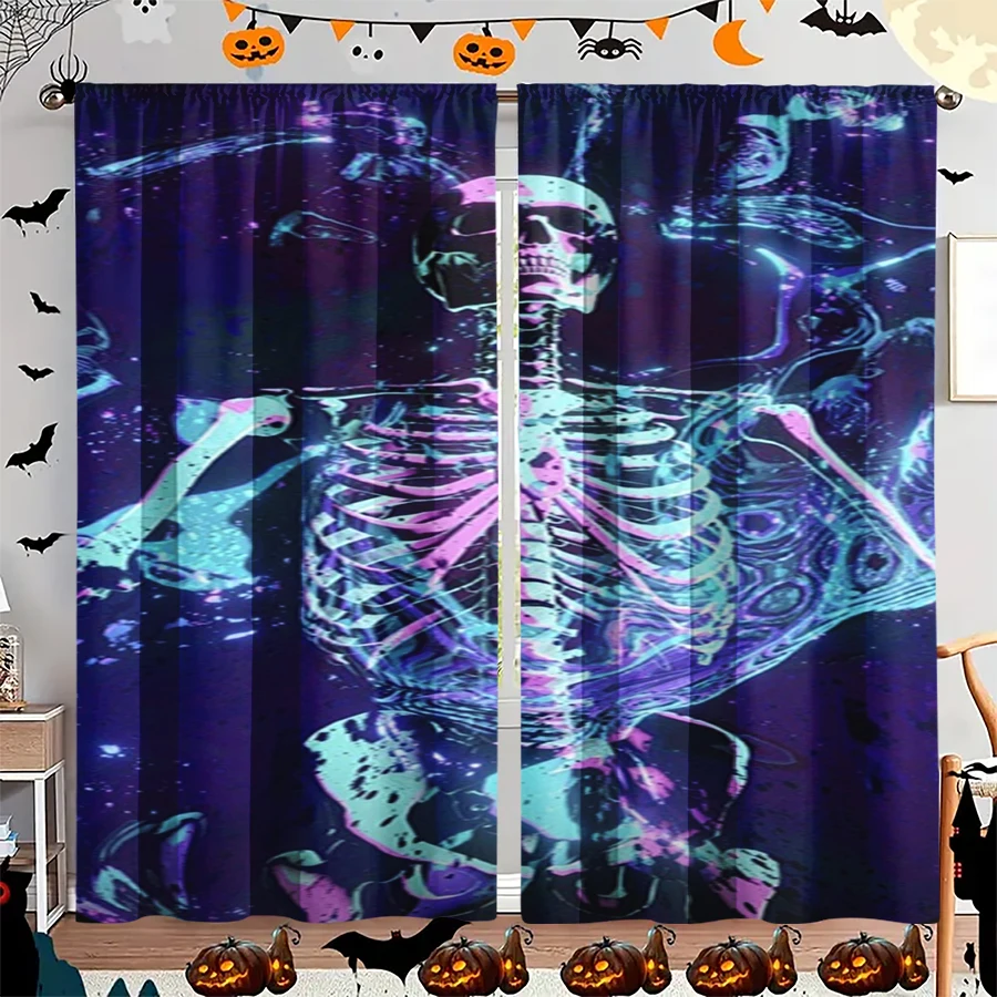 2PCS Digital Print Curtain, Purple Neon Skeleton with Roses, Gothic Halloween Cyberpunk Style for Living Room Bedroom Decor