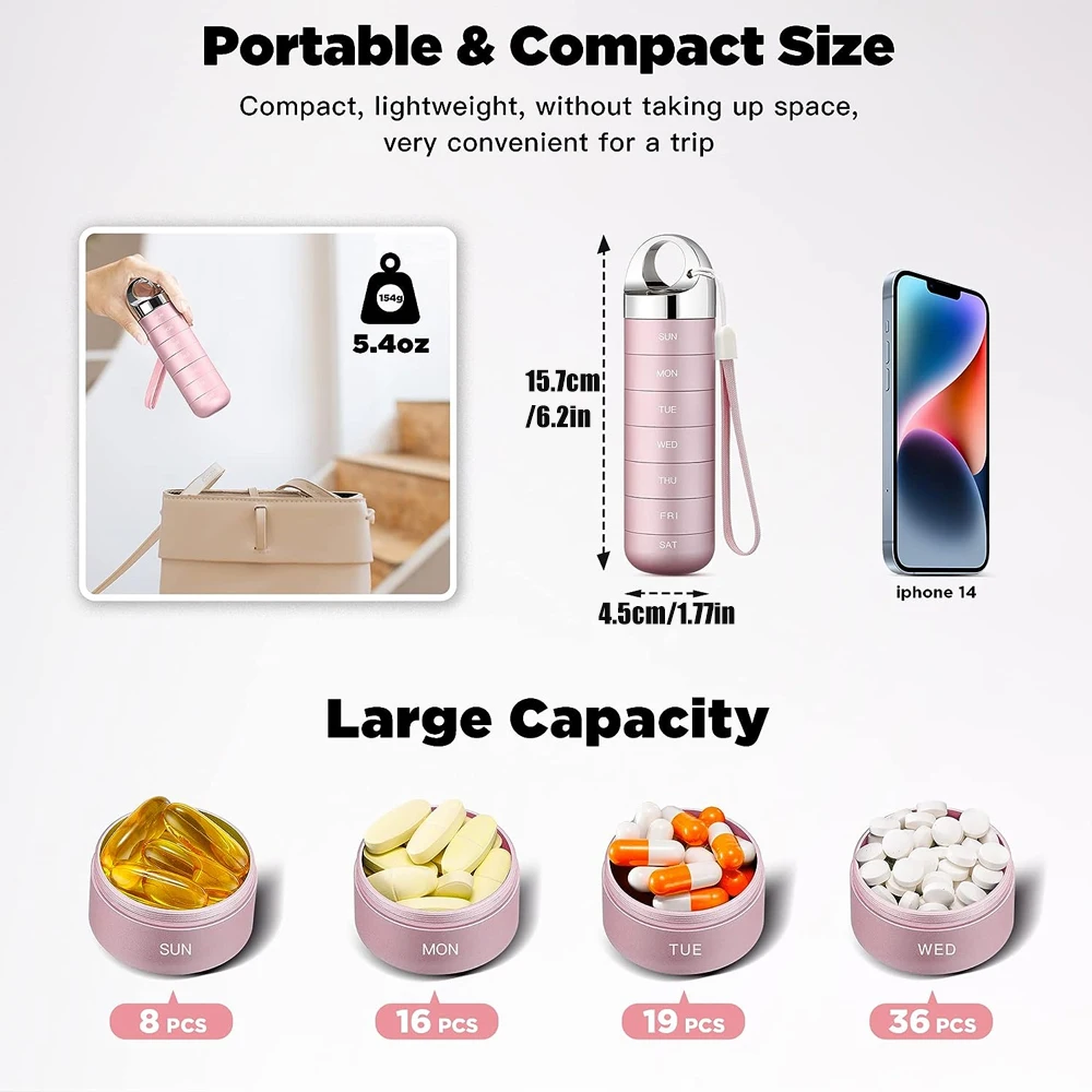 1Pcs Metal Pill Organizer Weekl -Betife Stackable Waterproof Travel Pill Box,Portable Aluminum Alloy 7 Day Pill Case to Vitamins