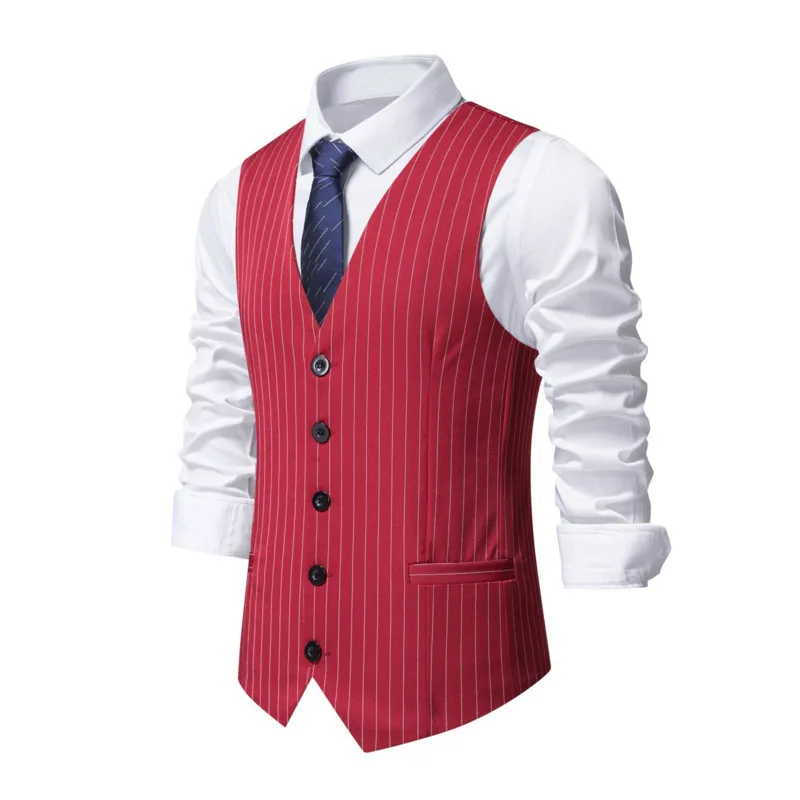 #4858 Black Red Vertrical Striped Blazer Vest Women Single Breasted Business Men's Suit Vest Office Waistcoat Sleeveless Spring