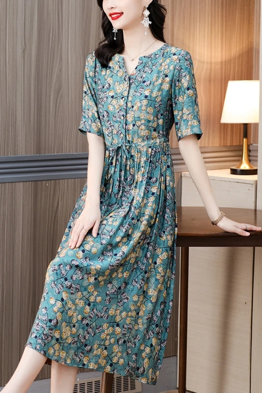 Women Floral Mulberry Silk Midi Dress Summer Elegant Loose Waist Plus Size Dress 2024 Korean Vintage Casual Party Dress