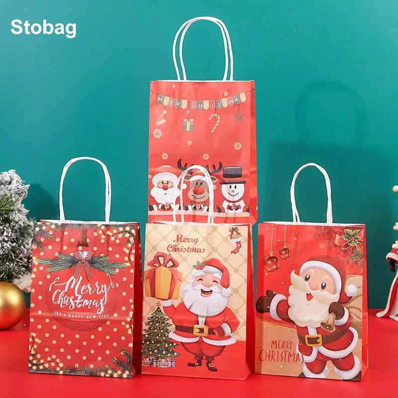 

StoBag 24pcs Merry Christmas Kraft paper Gift Tote Bags Packaging Santa Claus Child for Candy Snack Storage Pouch Party Favors