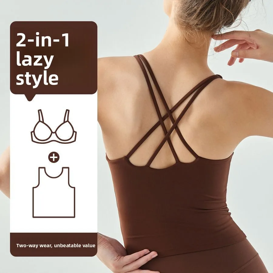 

Yoga vest women's long style with chest pad semi-fixed cup U-neck tight out of the street beautiful back sleeveless fitness