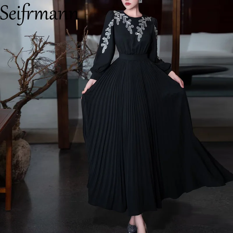 

Seifrmann Fashion design Women Long Dress Spring Long Sleeved Sequins High waist Party Ball Gown Dresses