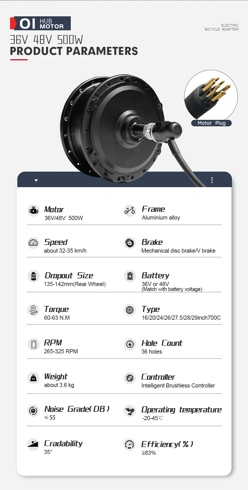 Description Picture 6 of itemEbike Conversion Kit 36V 48V 500W Brushless Rear Rotate Hub Motor wheel 16-29inch700C Electric Bike Conversion Kit For Mountain