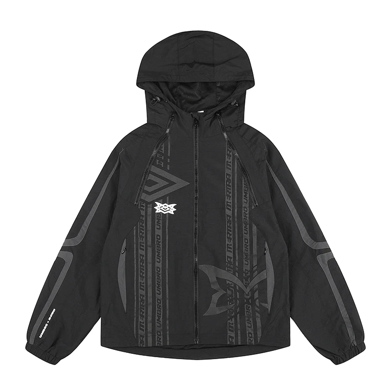 Men Women Techwear Styles Hooded Jacket Black Windbreaker Dark Street Style Geometric Print Zip Up Loose Mertra Outerwear