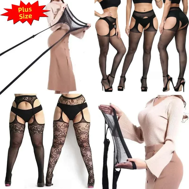 Stoking Jaring Hitam Seksi Pinggang Tinggi dengan Garter, Celana Ketat Tanpa Selangkangan, Bodysuit Ukuran Besar Plus Size untuk Wanita Bertubuh Gemuk XL