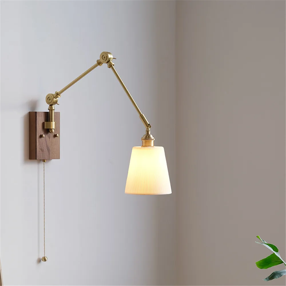 Japandi Style Swivel Brass Ceramics Wall Lamp With Switch Long Swing Arm Sconces Bedroom Bedside Wall Light Home Decor Fixture