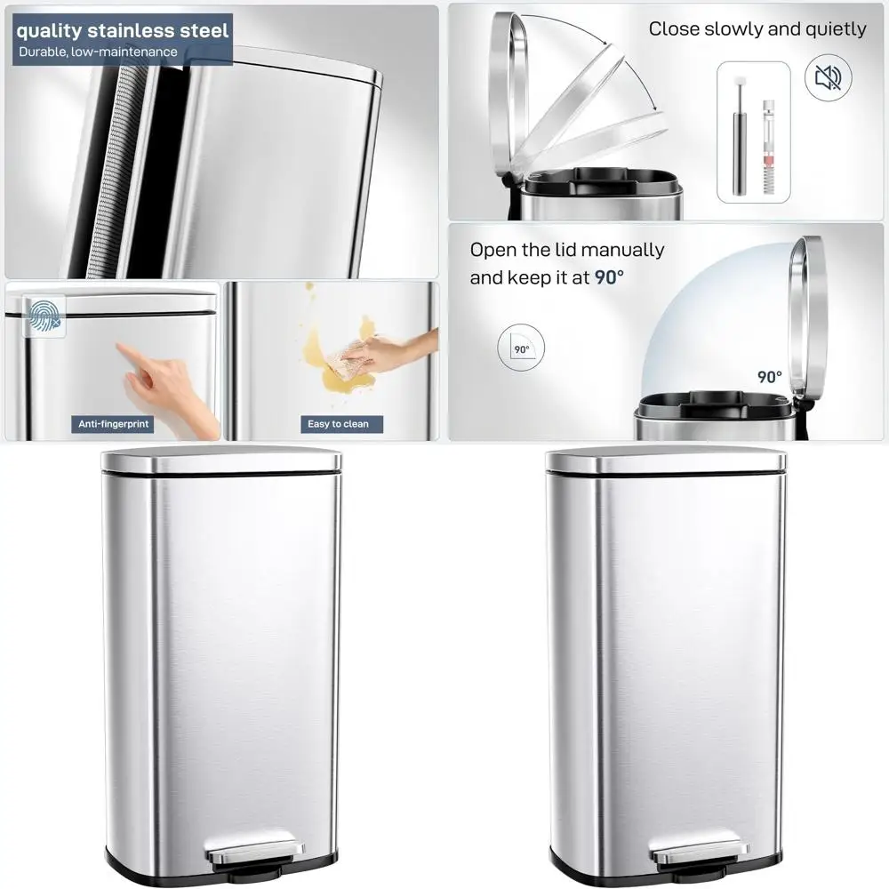 

50L Silver Steel Step Trash Can with Removable Bucket and Fingerprint Proof Lid for Kitchen and Home