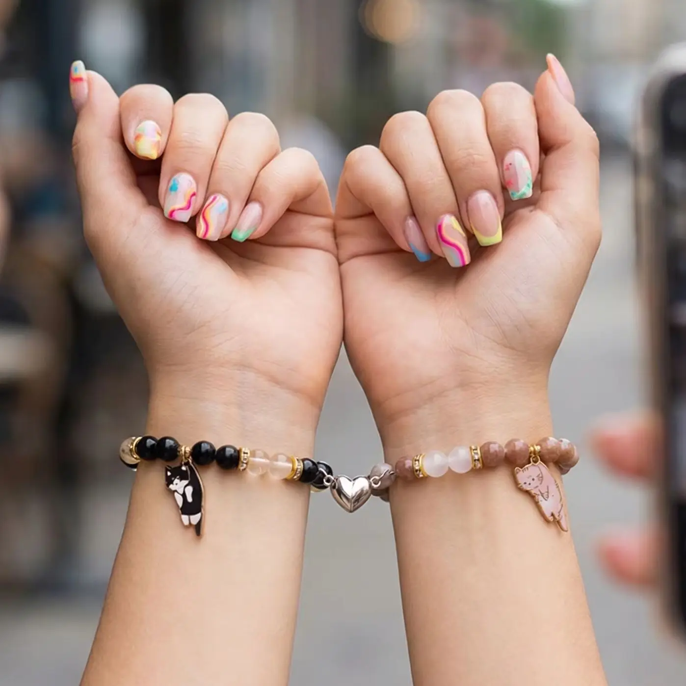 Matching Magnetic Couple Bracelets for Lovers Cute Cat Pendant Friendship Jewelry Natural Stone Beaded Bangles Valentine Gift
