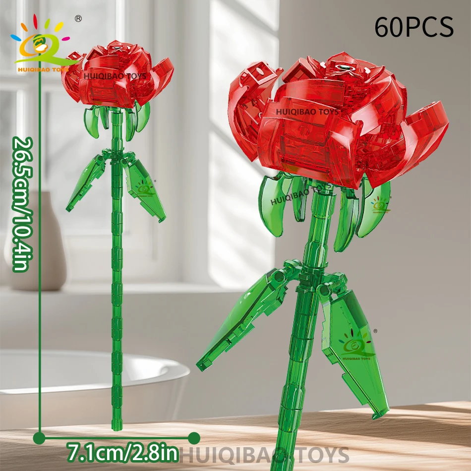 HUIQIBAO-ramo de flores rosas para el Día de San Valentín, juego de bloques de construcción, flores artificiales para decoración del hogar, Kits de ladrillos de rosas de cristal, Juguetes