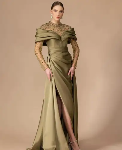 Vestidos de Noche verdes saudíes personalizados, vestido de baile de manga larga con abertura frontal, vestido de noche plisado de cristal, vestidos de fiesta hasta el suelo